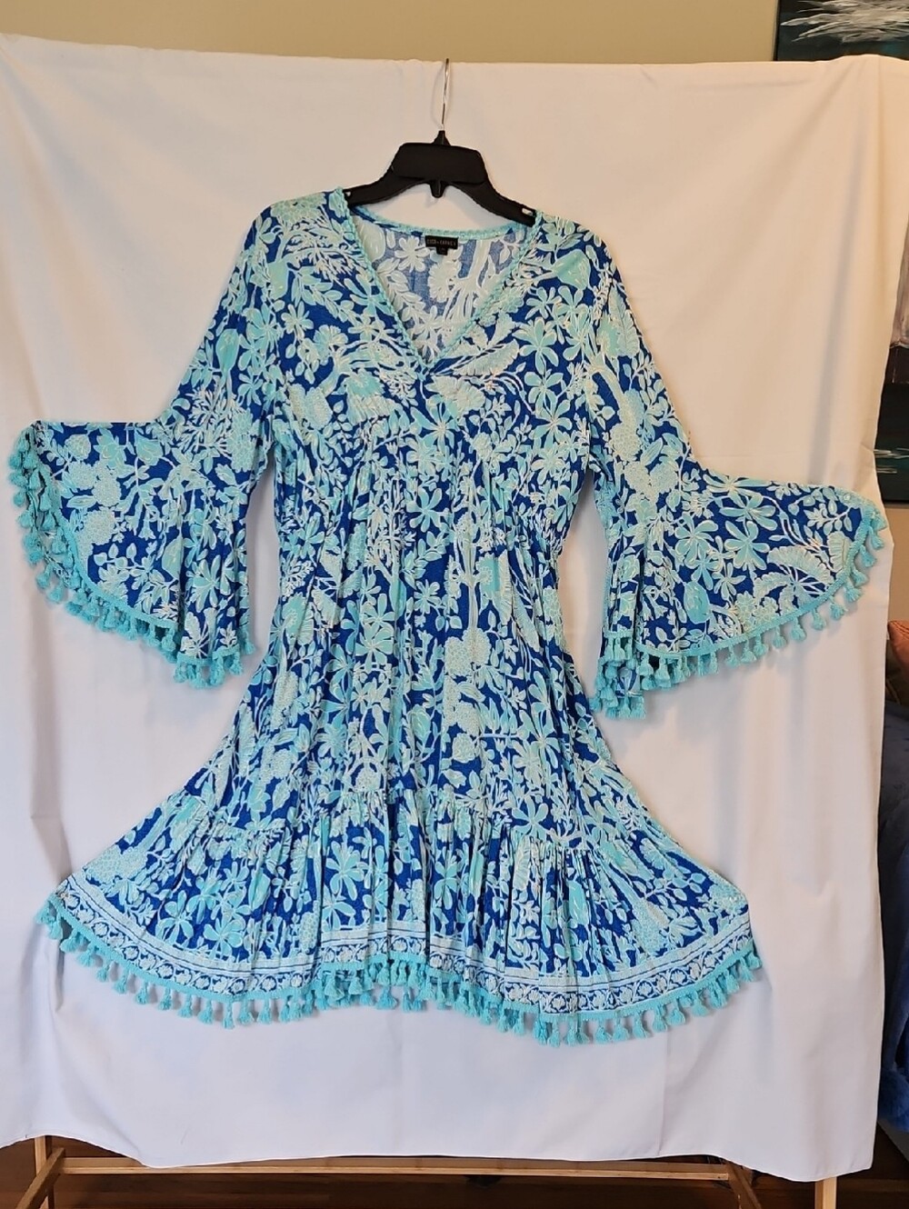 Coco + Carmen Blue and Aqua Gold Floral Dress with Tassels Trim
